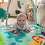 baby, play_mat, animal_print, indoor, child, toys, baby_gym, floor, curious, crawling, colorful, person, infant, head_up, wide_eyes, smile, home, soft_light, window, furniture