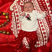 Rose participe au concours pour gagner de l'argent avec cette photo : baby, infant, holiday, christmas, festive, red, white, blanket, ornaments, number_two, snowflake_pattern, pajamas, clothing, fabric, cute, lying_down, face, person, indoors, celebration
