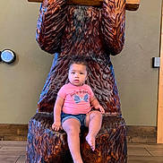 Damariana is registered to the contest to win money with this photo: baby, child, infant, sitting, portrait, face, curious, indoor, wooden_throne, carved_wood, bear_sculpture, lodge, sign, pink_shirt, denim_shorts, barefoot, wall, floor, furniture, photograph