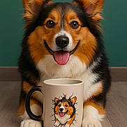 Remy Nordyke is registered to the contest to win money with this photo: dog, corgi, mug, cartoon, illustration, cute, tongue_out, smiling, pet, portrait, indoor, wood_floor, green_wall, animal, fur, ears, paws, happy, closeup, domestic
