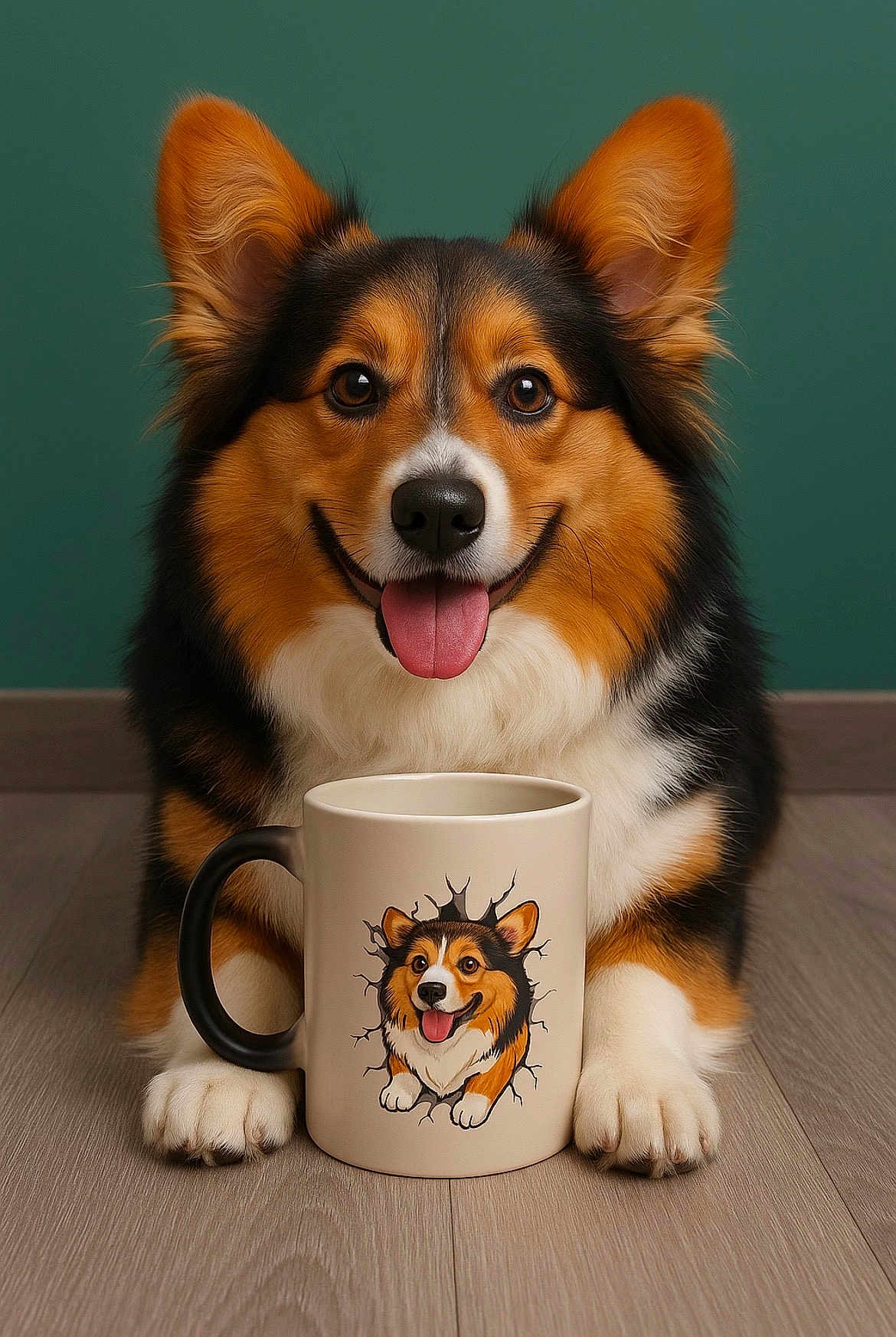 Remy Nordyke is registered to the contest to win money with this photo: dog, corgi, mug, cartoon, illustration, cute, tongue_out, smiling, pet, portrait, indoor, wood_floor, green_wall, animal, fur, ears, paws, happy, closeup, domestic