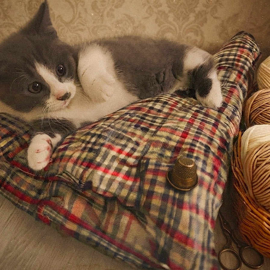 Boutchou participe au concours pour gagner de l'argent avec cette photo : cat, kitten, gray_and_white, animal, pet, feline, face, eyes, whiskers, paws, plaid_blanket, yarn,  knitting, crafting, scissors, thread, indoors, cozy, couch, portrait