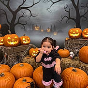 Cataleya is registered to the contest to win money with this photo: child, toddler, halloween, pumpkin, jack_o_lantern, costume, batman_logo, candy, spider, hay, autumn_leaves, spooky_background, fog, tree, orange, cute, pose, smile, indoor, celebration