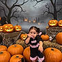child, toddler, halloween, pumpkin, jack_o_lantern, costume, batman_logo, candy, spider, hay, autumn_leaves, spooky_background, fog, tree, orange, cute, pose, smile, indoor, celebration