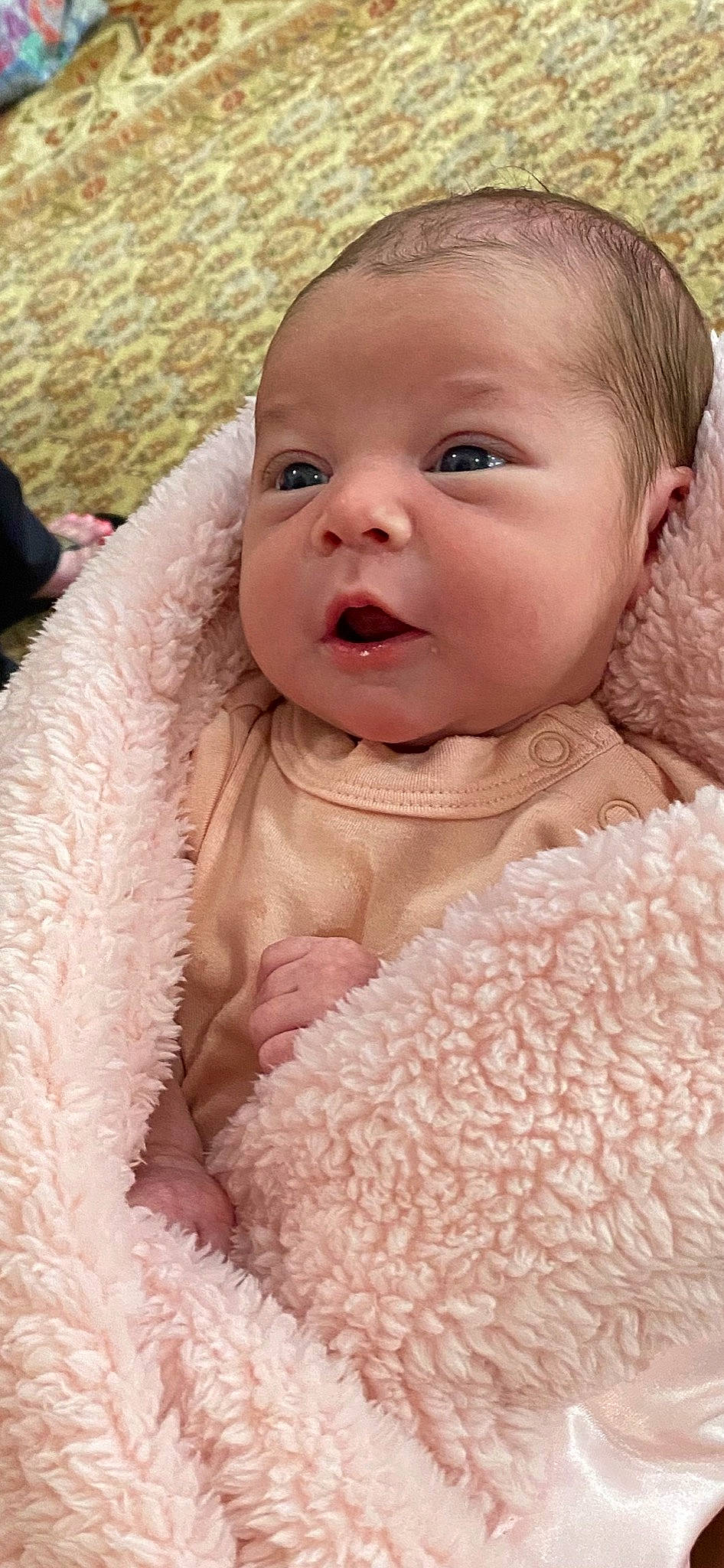 Addie joined the competition — help win amazing prizes! baby, baby_toddler_clothing, cheek, dress, embellishment, eye, eyelash, happy, head, iris, linens, lip, magenta, peach, person, pink, skin, sleeve, smile, textile