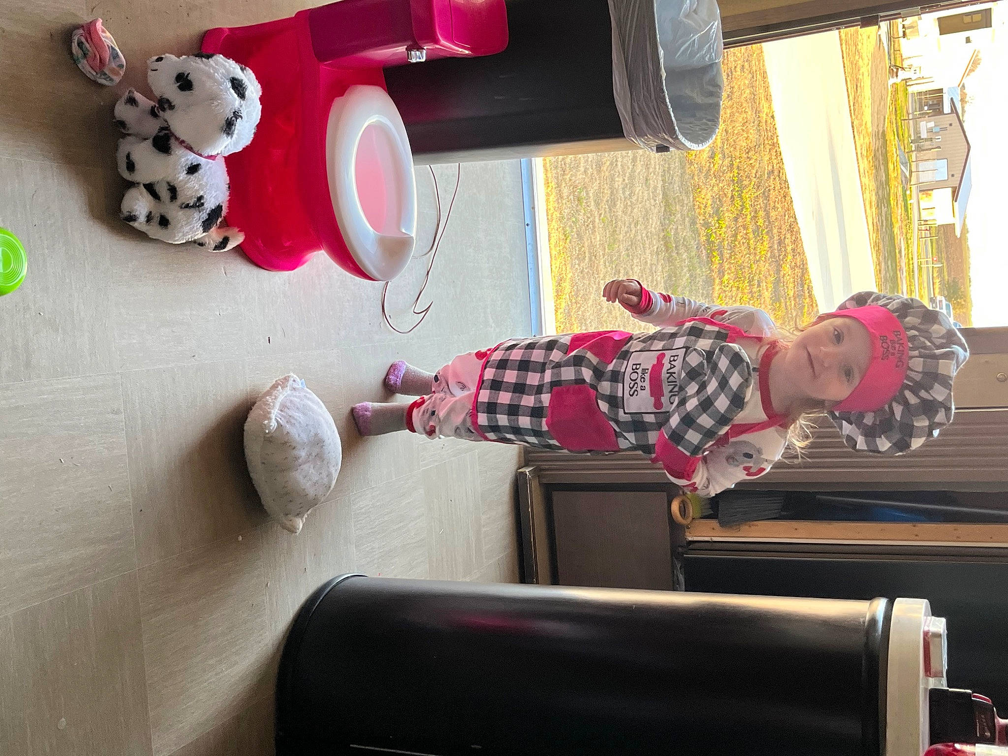 Joyce joined the competition — help win amazing prizes! carmine, child, design, flooring, fun, hardwood, headwear, joy, magenta, pattern, person, pink, plaid, plush, red, room, snapshot, tartan, teddy_bear, textile