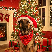 Aspen is registered to the contest to win money with this photo: dog, german_shepherd, santa_hat, bandana, christmas_tree, christmas_lights, presents, fireplace, stockings, holiday_decor, indoor, festive, red, green, brown, pet, canine, celebration, winter, cozy