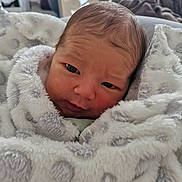 Nolan participe au concours pour gagner de l'argent avec cette photo : newborn, baby, blanket, polka_dots, soft_texture, wrapped, face, head, skin, eyes, expression, indoors, cozy, infant, person, portrait, cute, warm, resting, child