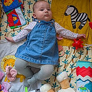 Ella participe au concours pour gagner de l'argent avec cette photo : baby, infant, denim_dress, gray_tights, toy, stuffed_animal, play_mat, colorful, indoor, child, cute, lying_down, face, expression, soft_toys, rattle, patterned_background, zebra_toy, lion_toy, pink_pacifier