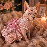 Perle a rejoint le concours — aidez-le/la à gagner de superbes lots ! sphynx_cat, cat, pet, hairless_cat, pink_dress, bow, pearls, furry_blanket, flowers, candle, cozy, indoor, portrait, decor, luxury, animal, cute, feline, soft_lighting, elegant