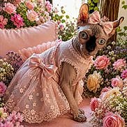 Hermione participe au concours pour gagner de l'argent avec cette photo : sphynx_cat, cat, pink_dress, bow, flowers, roses, pink, lace, garden, flower_arrangement, pet, animal, indoor, cute, portrait, feline, decor, soft_lighting, floral, posing