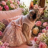 sphynx_cat, cat, pink_dress, bow, flowers, roses, pink, lace, garden, flower_arrangement, pet, animal, indoor, cute, portrait, feline, decor, soft_lighting, floral, posing
