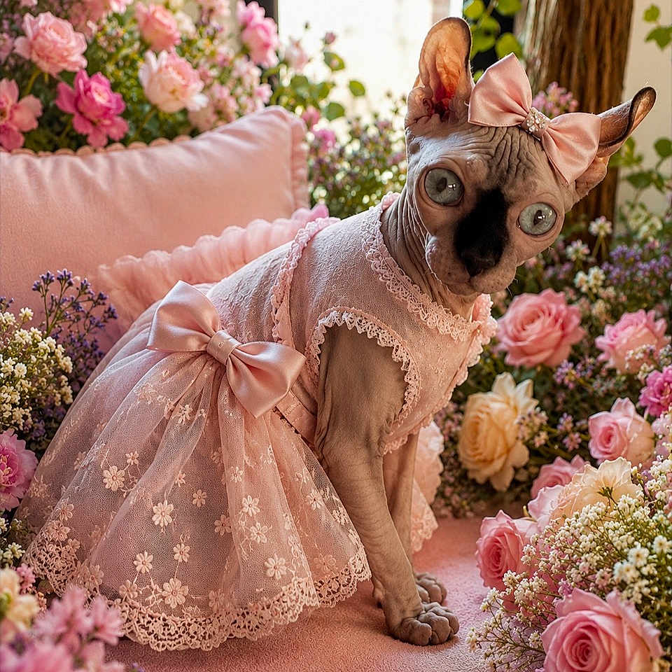 Hermione participe au concours pour gagner de l'argent avec cette photo : sphynx_cat, cat, pink_dress, bow, flowers, roses, pink, lace, garden, flower_arrangement, pet, animal, indoor, cute, portrait, feline, decor, soft_lighting, floral, posing