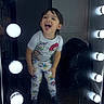 Angelrey is registered to the contest to win money with this photo: child, toddler, mirror, reflection, pajamas, cartoon_characters, tongue_out, playful, smiling, indoor, lighting, light_bulbs, dark_background, door, black_shoes, floor, person, clothing, standing, happy