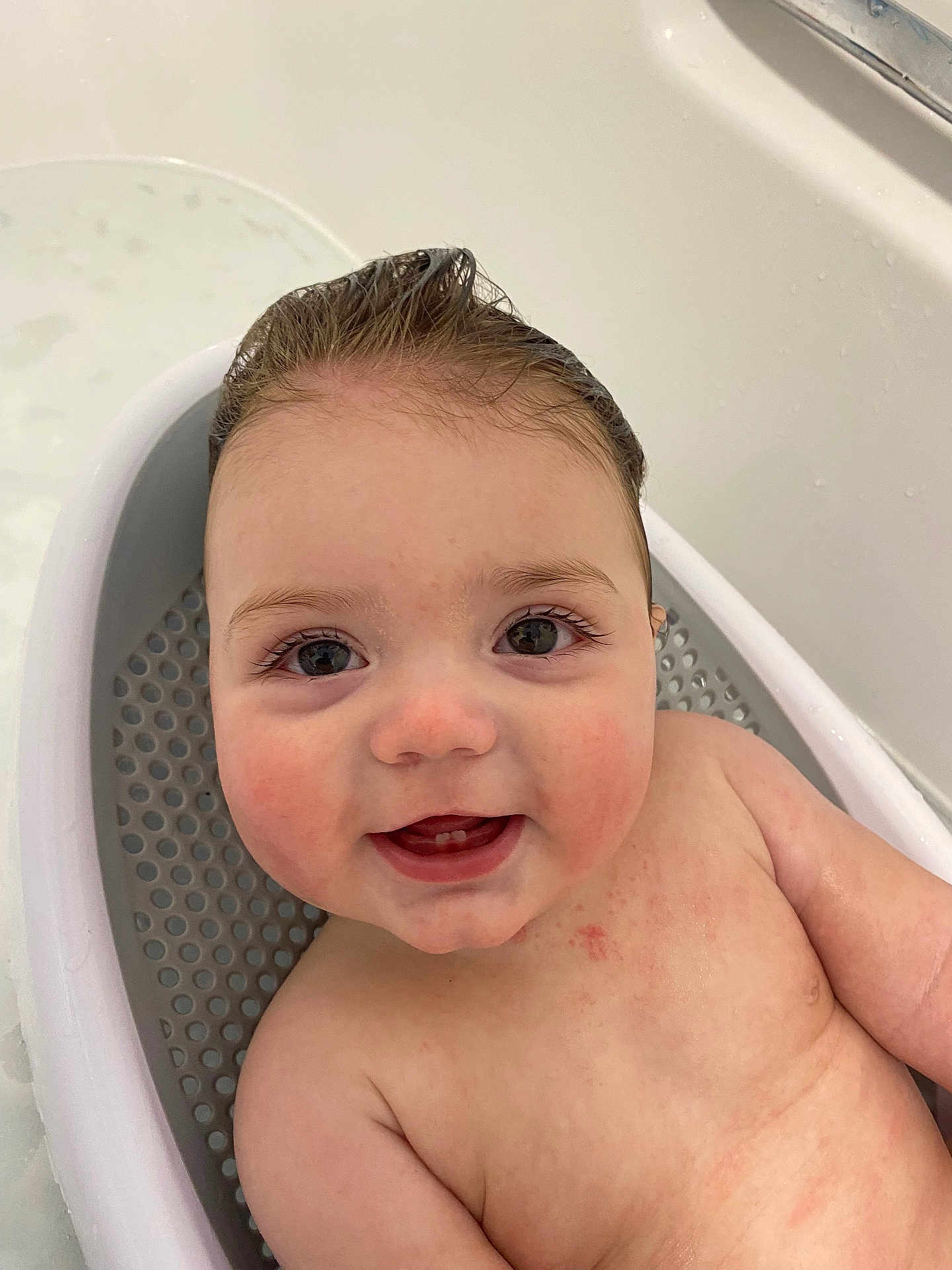Hunter joined the competition — help win amazing prizes! baby, child, bathtub, bath, smiling, wet_hair, teeth, skin, happy, sitting, face, child_bath, water, baby_bath_seat, closeup, cute, infant, chubby_cheeks, indoors, personal_care