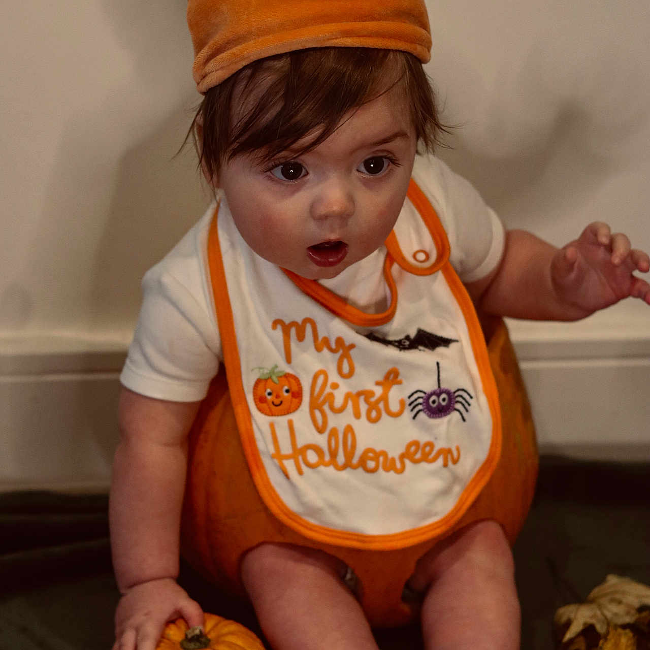 Hunter is registered to the contest to win money with this photo: autumn, baby, bib, celebration, child, costume, cute, expression, halloween, hat, holding, holiday, indoors, leaves, orange, pumpkin, seasonal, sitting, small_pumpkin, socks