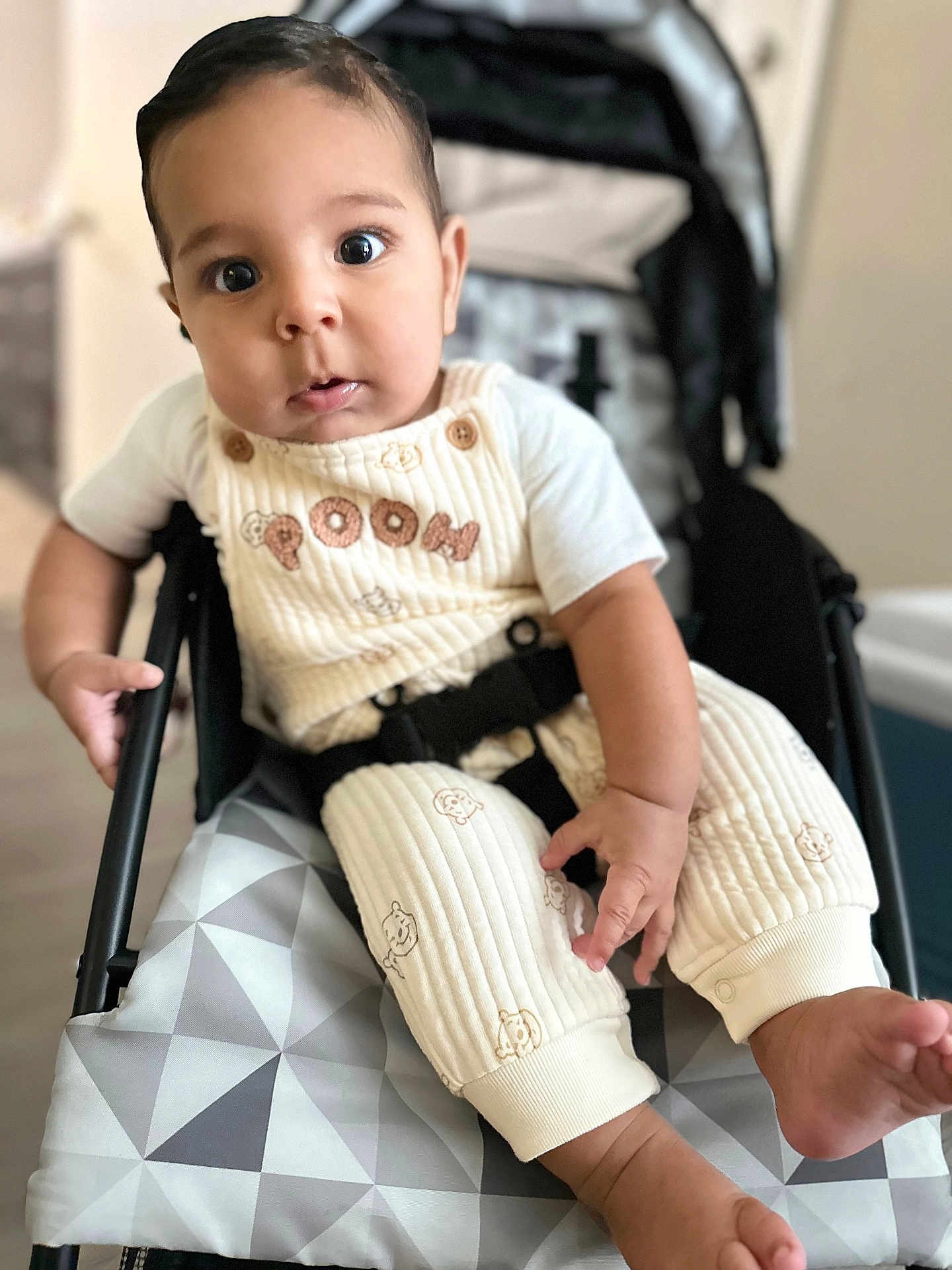 Lucas is registered to the contest to win money with this photo: baby, child, stroller, infant, clothing, overalls, cute, face, hands, feet, indoor, pattern, fabric, seat, straps, expression, person, young, curious, portrait