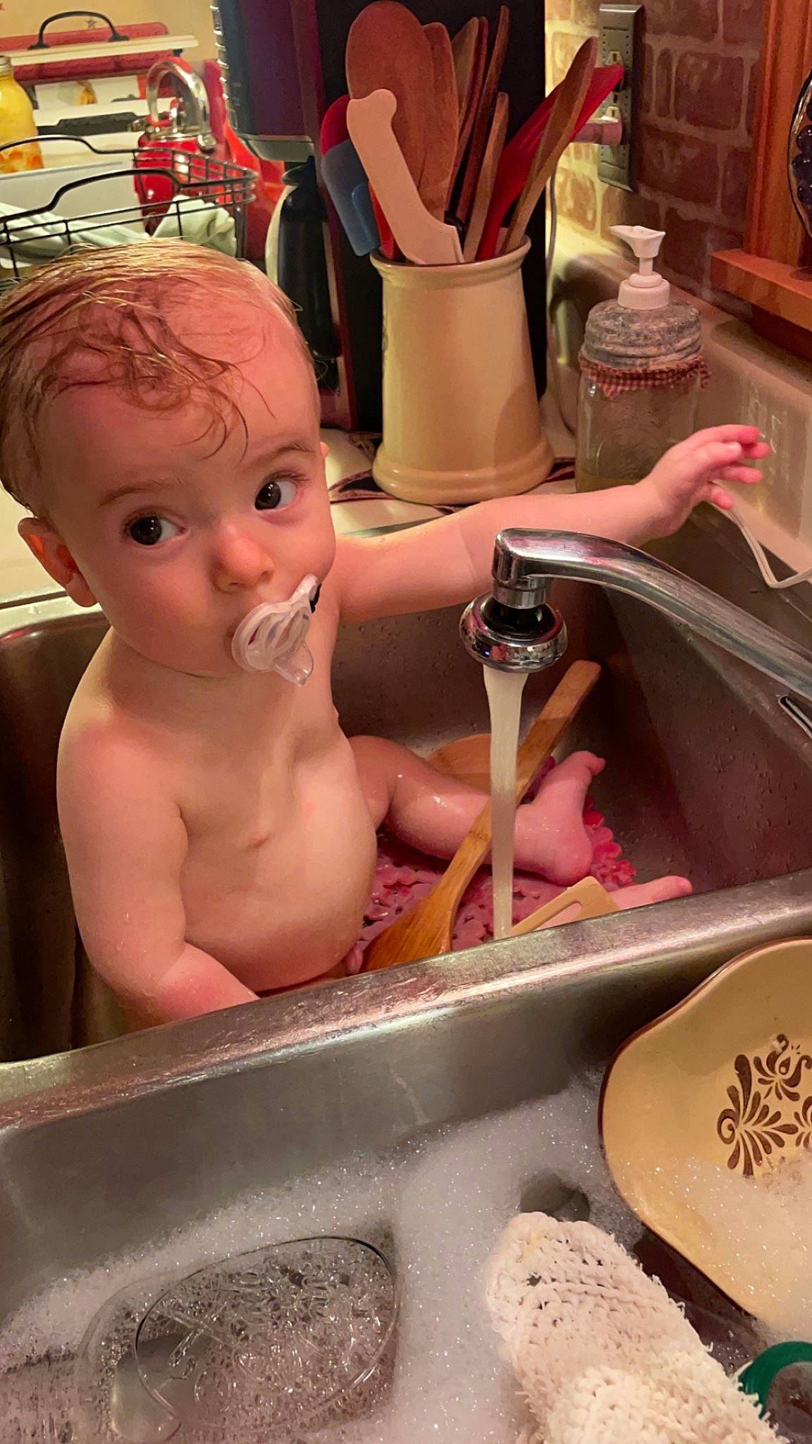 Bennett joined the competition — help win amazing prizes! art, baby, baby_bathing, barechested, bathing, chest, child, cooking, cookware_and_bakeware, flesh, food_processing, fun, houseplant, ingredient, leisure, person, pink, plumbing_fixture, surprise, toddler