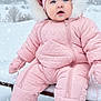 baby, child, snow, winter, pink, snowsuit, mittens, boots, bench, fur_hood, cold, outdoor, snowfall, blue_eyes, knit_headband, cute, portrait, sitting, winter_clothing, frosty