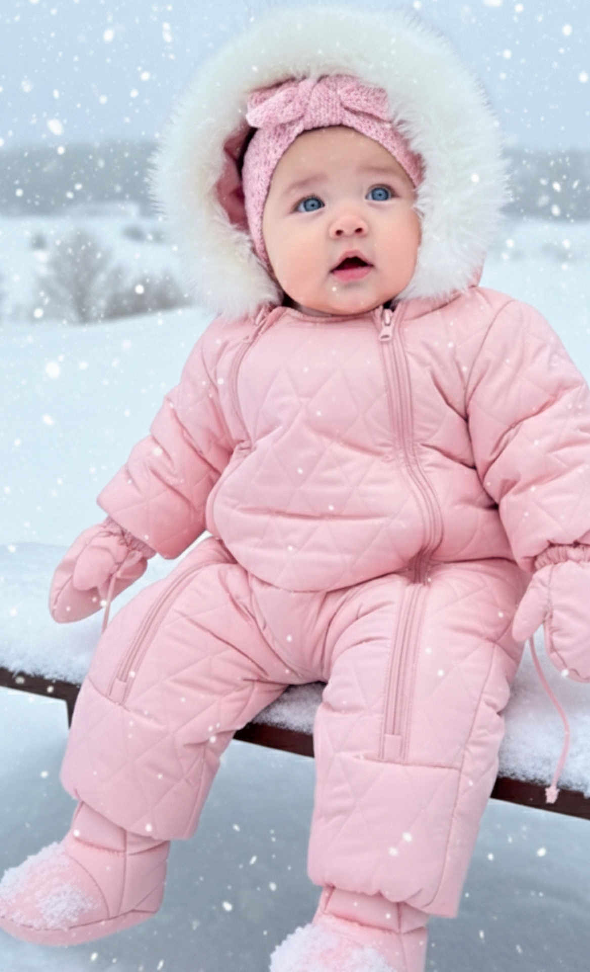 Nicole is registered to the contest to win money with this photo: baby, child, snow, winter, pink, snowsuit, mittens, boots, bench, fur_hood, cold, outdoor, snowfall, blue_eyes, knit_headband, cute, portrait, sitting, winter_clothing, frosty