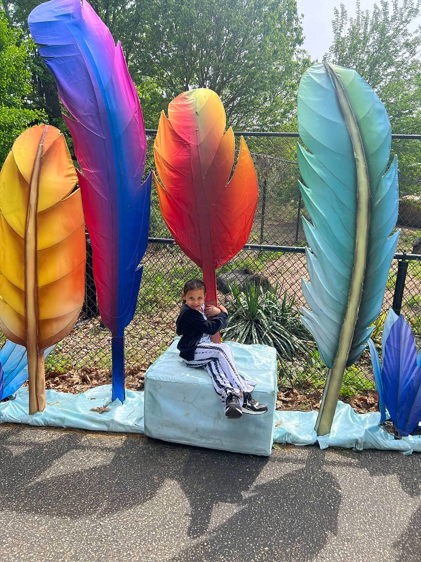 Ailani joined the competition — help win amazing prizes! casual_clothing, child, colorful, cube, daylight, feathers, fence, fun, greenery, happy, nature, outdoor, park, playful, portrait, props, shoes, sitting, smiling, young