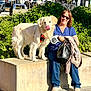 bicycle, casual_clothing, concrete_block, dog, golden_retriever, greenery, handbag, happy, jacket, leash, outdoor, parked_car, person, pet, plants, sidewalk, smiling, sunglasses, sunny, woman