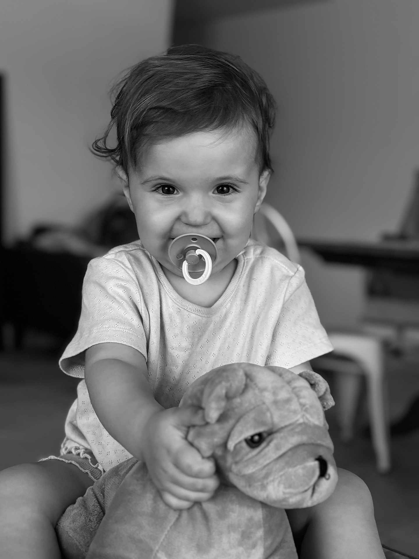 Nola a rejoint le concours — aidez-le/la à gagner de superbes lots ! toddler, child, pacifier, smile, plush_toy, dog_toy, indoor, black_and_white, portrait, happy, cute, short_hair, clothing, sitting, person, young_child, toy, face, expression, playful