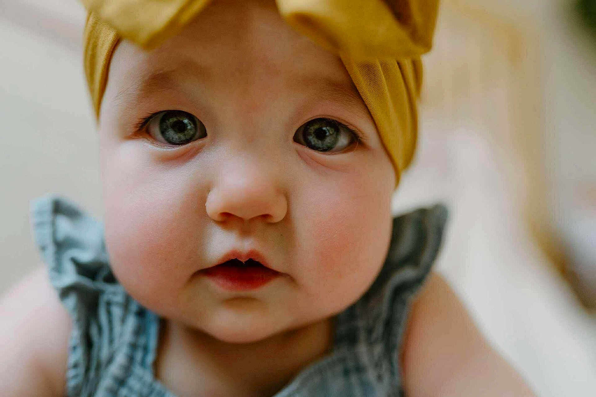 Ivy is registered to the contest to win money with this photo: baby, close_up, face, headband, blue_clothing, chubby_cheeks, big_eyes, curious, infant, portrait, cute, child, soft_lighting, indoors, skin, person, young, expression, adorable, headwear