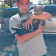 Tiger is registered to the contest to win money with this photo: man, cat, outdoor, sunlight, trees, vehicle, grass, tattoo, bracelet, shorts, shirt, pet, holding, nature, portrait, daytime, animal, casual, person, friendly