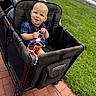 baby, child, wagon, toy, grass, brick_pavement, outdoor, smiling, happy, seat, clothing, blue_shirt, red_shorts, sunny, daytime, person, playtime, cute, infant, stroller