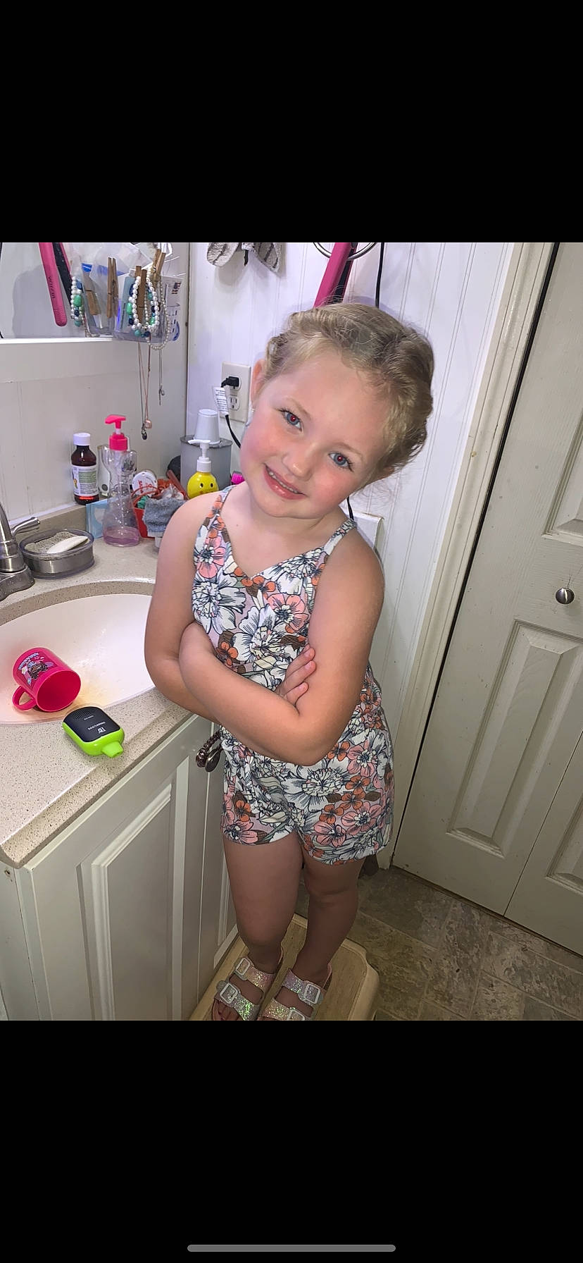 Anslee joined the competition — help win amazing prizes! baby_toddler_clothing, cabinetry, child, countertop, door, floor, flooring, happy, house, human_body, human_leg, joy, kitchen, kitchen_appliance, leg, major_appliance, person, pink, smile, standing
