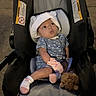 baby, car_seat, hat, romper, toy, lion_toy, infant, child, socks, gloves, indoor, portrait, cute, seated, looking_up, warm_lighting, clothing, soft_toy, expression, young_child