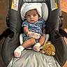 baby, stroller, hat, mittens, socks, plush_toy, lion_toy, infant, clothing, seat, child, person, indoor, cute, looking, baby_girl, baby_boy, car_seat, soft_toy, adorable