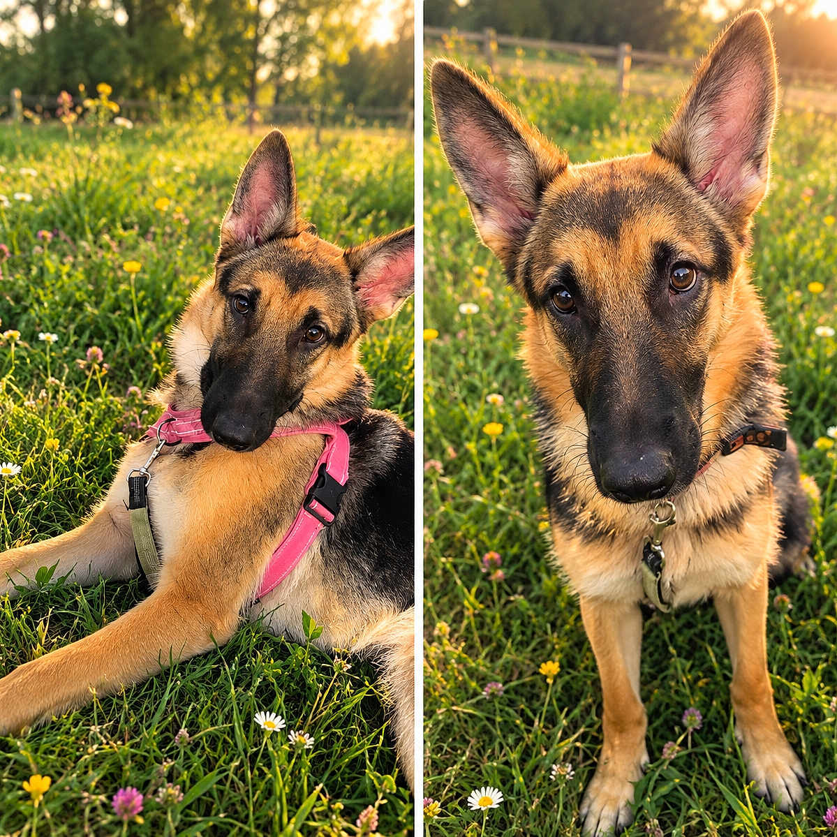 Nala participe au concours pour gagner de l'argent avec cette photo : dog, belgian_malinois, shepherd_mix, pet, animal, outdoor, meadow, wildflowers, daisies, grass, sunlight, golden_hour, portrait, split_screen, sitting, standing, harness, collar, pointed_ears, nature