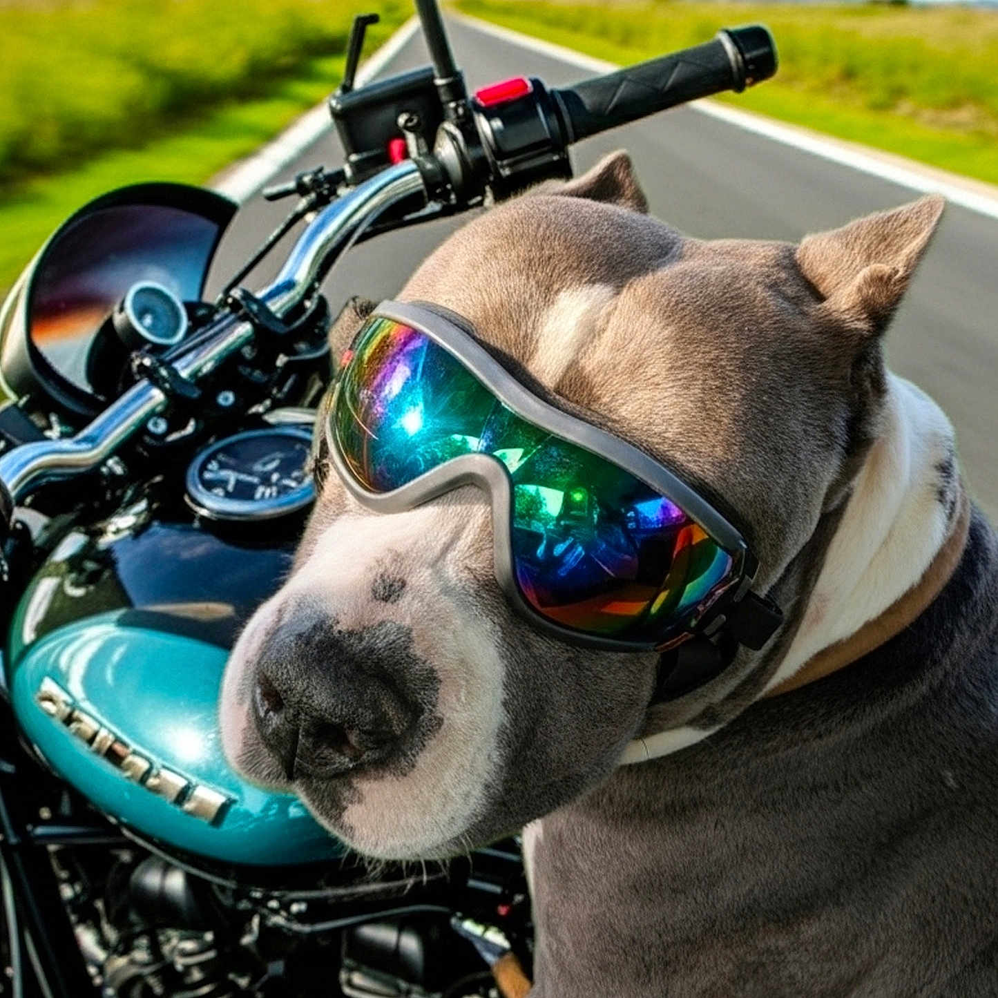 Ace joined the competition — help win amazing prizes! dog, motorcycle, goggles, road, outdoor, sunny, reflection, animal, transportation, vehicle, adventure, travel, helmet, handlebars, chrome, greenery, sky, pet, cool, closeup