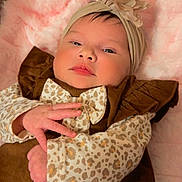 Mariangel Marín joined the competition — help win amazing prizes! baby, blanket, bow, brown_clothing, child, closeup, cozy, cute, face, hand, headband, indoors, infant, leopard_print, newborn, pink_blanket, portrait, resting, sleepwear, soft_texture