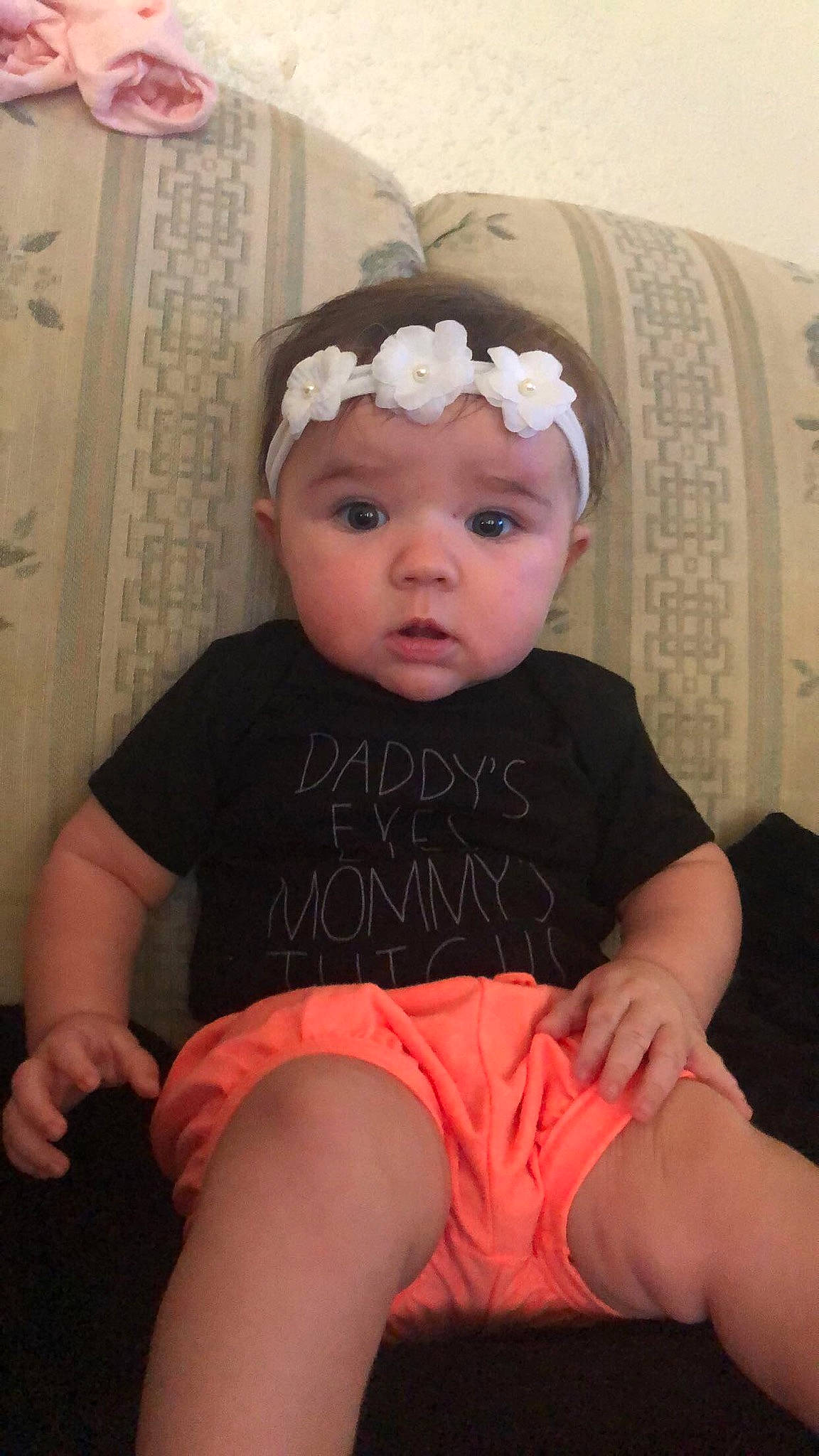 Ember joined the competition — help win amazing prizes! arm, baby, baby_toddler_clothing, cheek, child, fashion_accessory, hair_accessory, headband, headgear, headpiece, headwear, person, pink, surprise, toddler