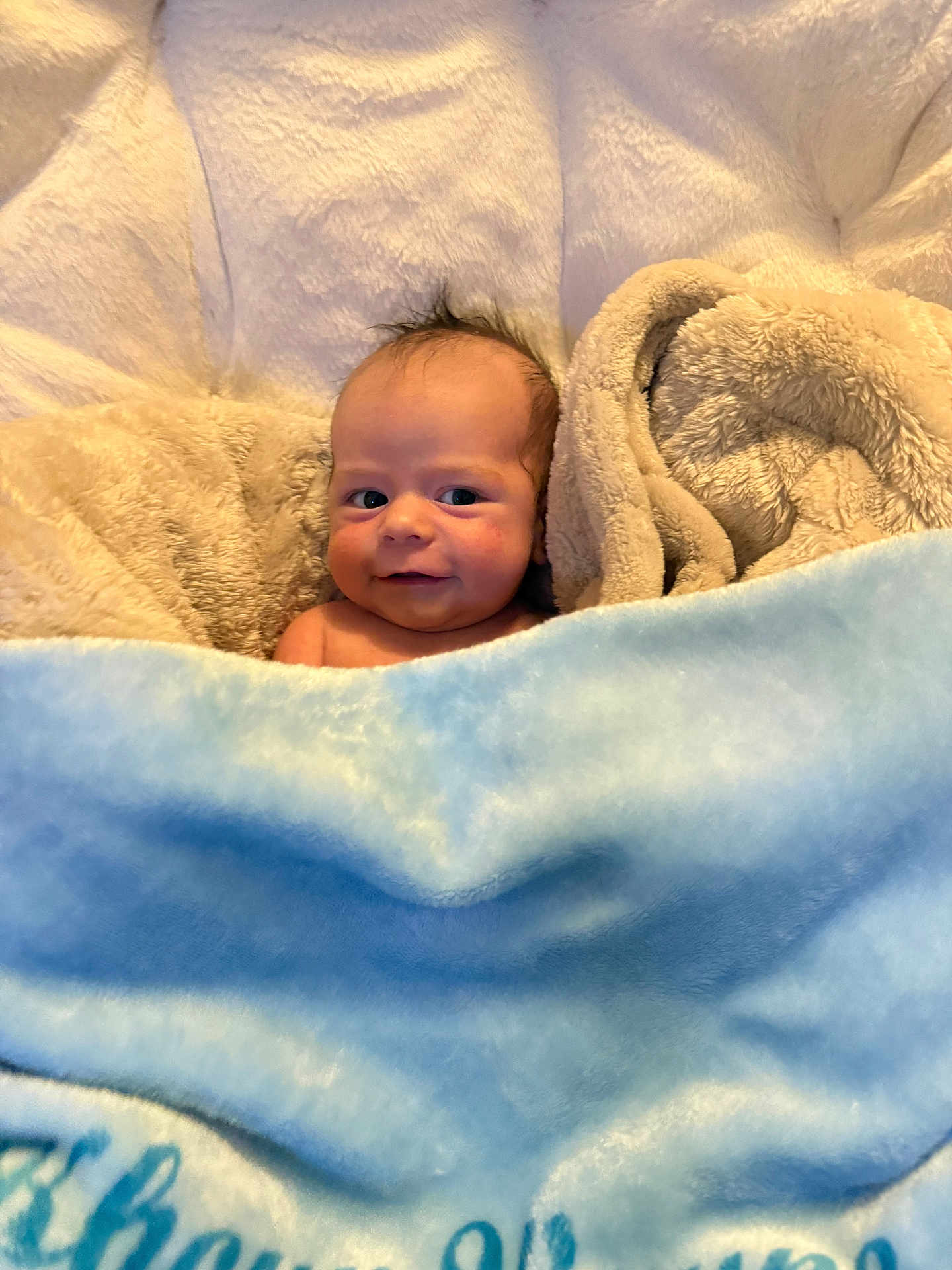 Khoyn is registered to the contest to win money with this photo: baby, blanket, blue_blanket, beige_blanket, smile, face, infant, cozy, soft_texture, child, cute, hair, expression, wrapped, comfort, portrait, indoors, warmth, skin, nest