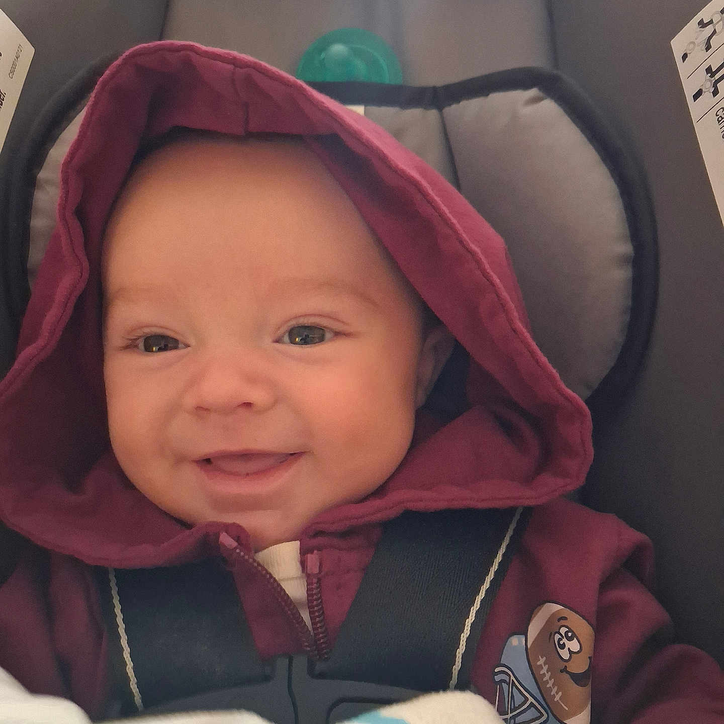Montie joined the competition — help win amazing prizes! baby, blanket, car_seat, cartoon, child, close_up, face, football, happy, harness, hood, indoors, infant, jacket, portrait, safe, seated, smiling, stuffed_toy, vehicle