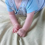 Mason is registered to the contest to win money with this photo: baby, infant, smiling, blue_eyes, overalls, light_blue_shirt, blanket, outdoor, grass, happy, cute, child, closeup, face, hands, skin, person, lying_down, playful, joyful