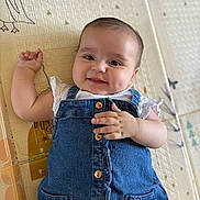 Sofia participe au concours pour gagner de l'argent avec cette photo : baby, child, denim_dress, smile, face, hand, button, butterfly, pocket, mat, pattern, cute, infant, happy, lying_down, clothing, skin, person, indoor, young