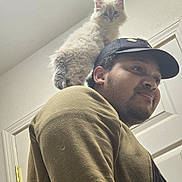 Osiris is registered to the contest to win money with this photo: kitten, cat, man, shoulder, hat, cap, indoor, door, face, fur, curious, pet, animal, portrait, young, beard, smile, clothing, casual, light