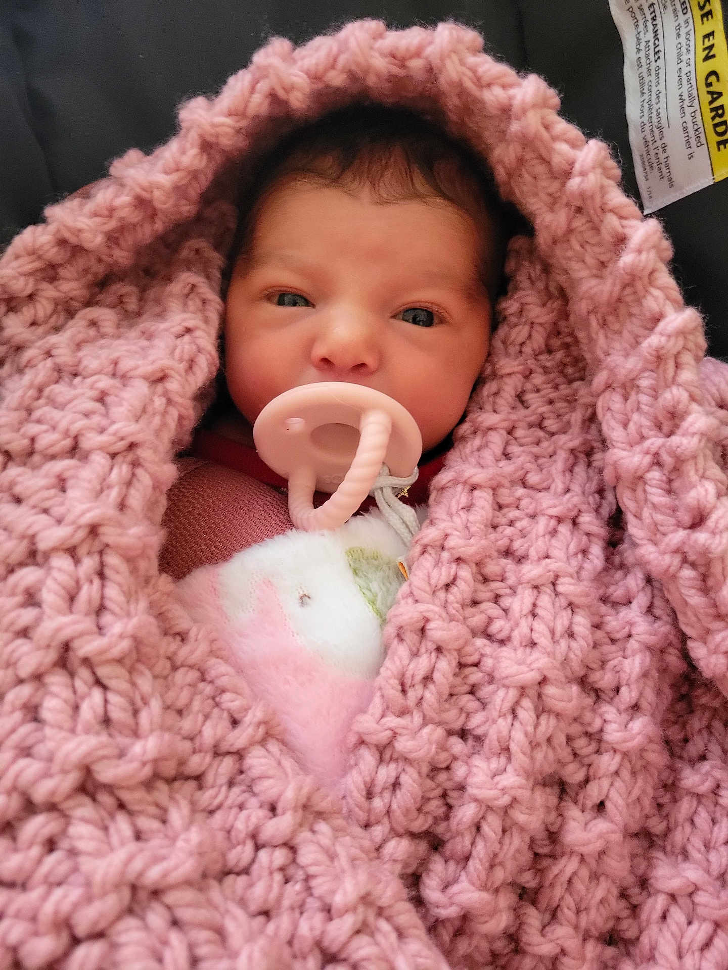 Avalynn is registered to the contest to win money with this photo: baby, blanket, pink, pacifier, face, infant, knit, cozy, wrapped, cute, child, newborn, soft, warm, portrait, closeup, expression, indoors, sleepy, comfort