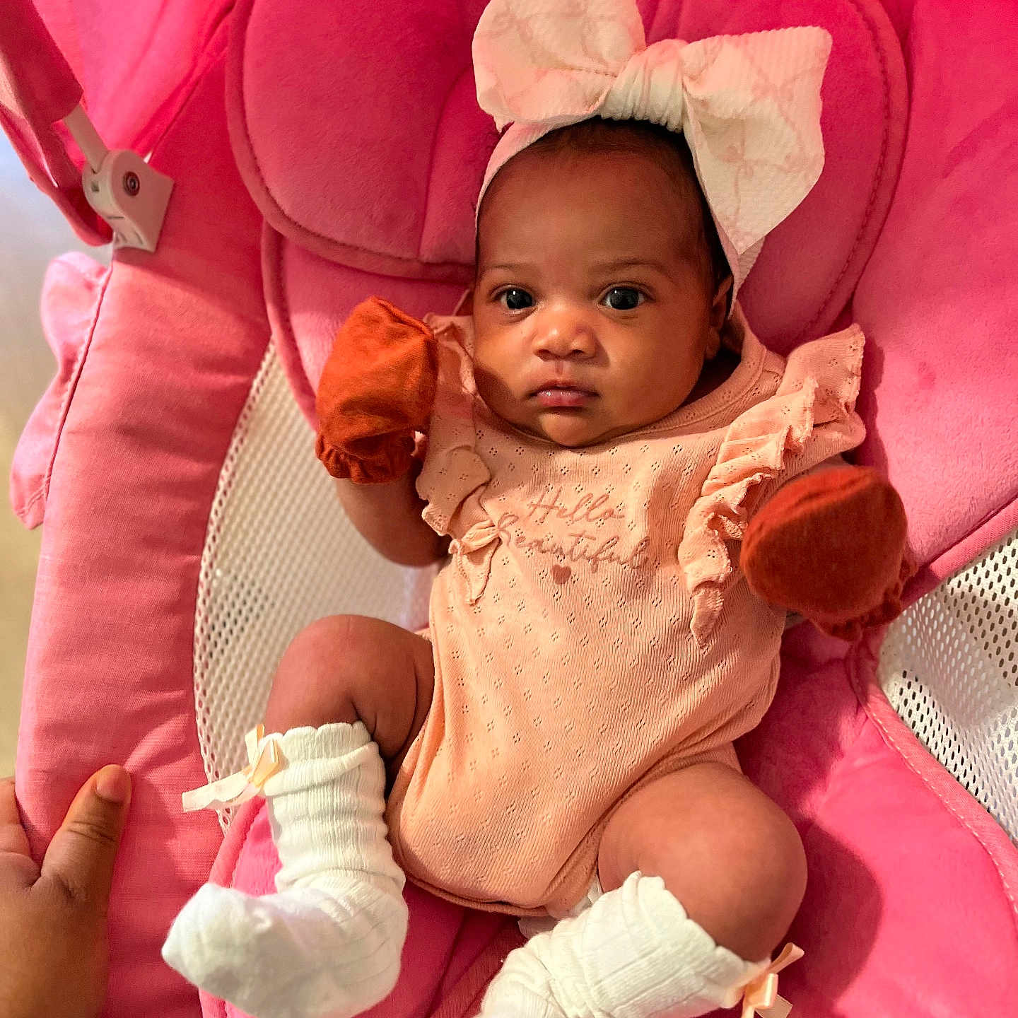 Zori joined the competition — help win amazing prizes! adorable, baby, baby_seat, bow, child, clothing, comfort, cute, hand, indoor, infant, mittens, newborn, person, pink, portrait, seat, socks, soft, white