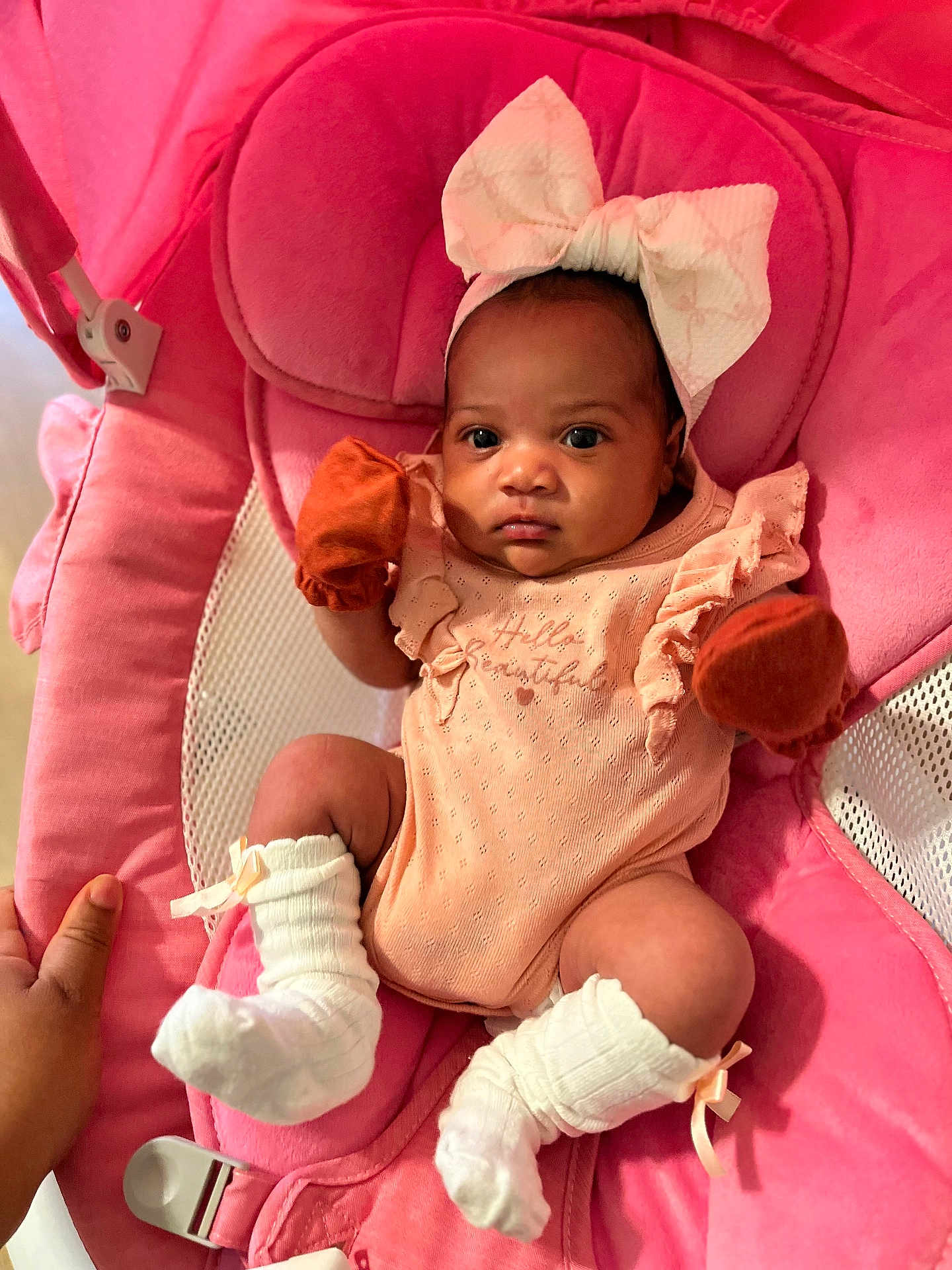 Zori joined the competition — help win amazing prizes! adorable, baby, baby_seat, bow, child, clothing, comfort, cute, hand, indoor, infant, mittens, newborn, person, pink, portrait, seat, socks, soft, white