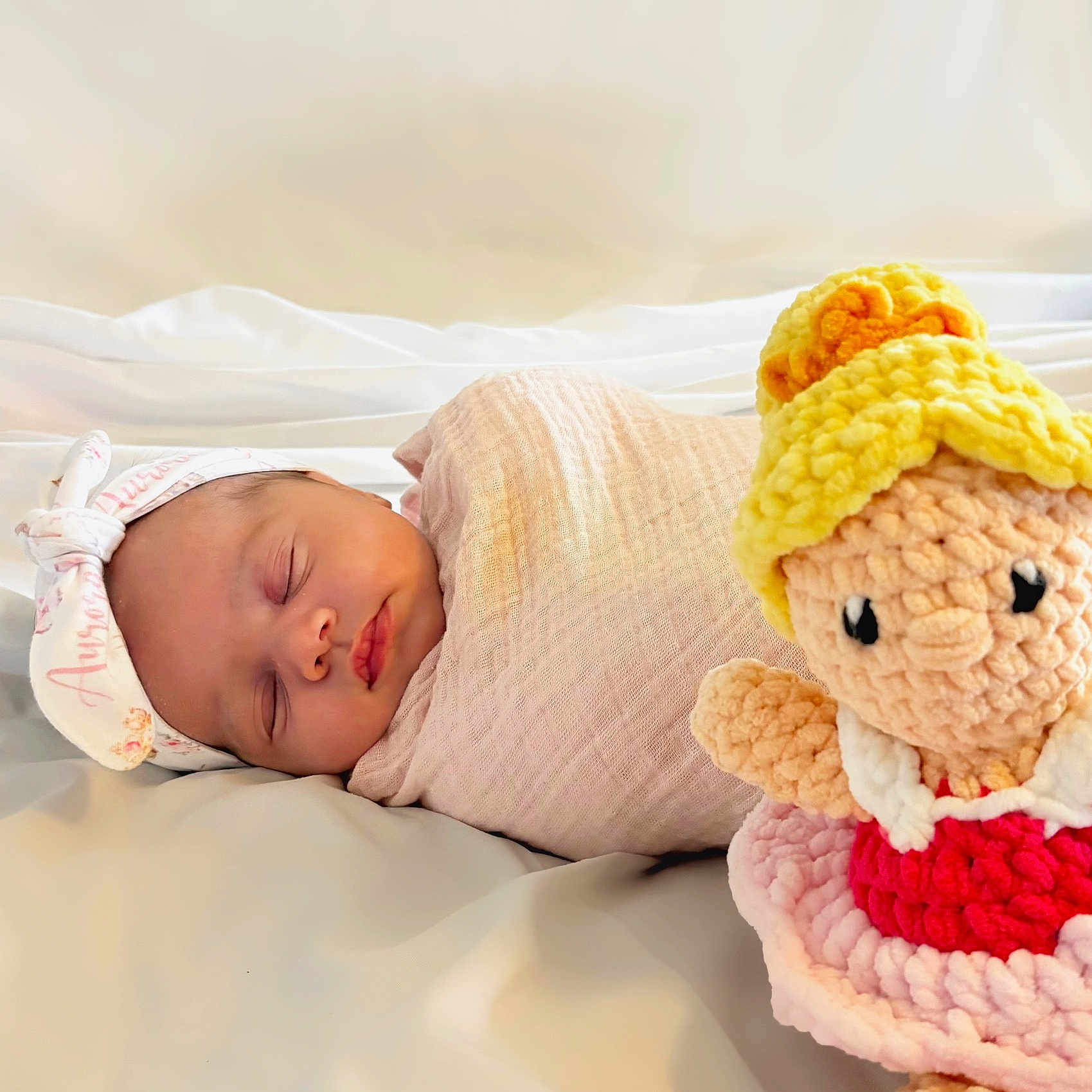 Aurora joined the competition — help win amazing prizes! baby, bed, blanket, child, cozy, cute, doll, face, headband, infant, knitted, newborn, peaceful, pink, portrait, sleeping, soft, swaddled, toy, white