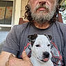 dog, puppy, person, man, beard, glasses, tongue_out, white_dog, brown_patches, portrait, holding, cuddling, outdoor, porch, window, chair, t_shirt, pet, companion, happy