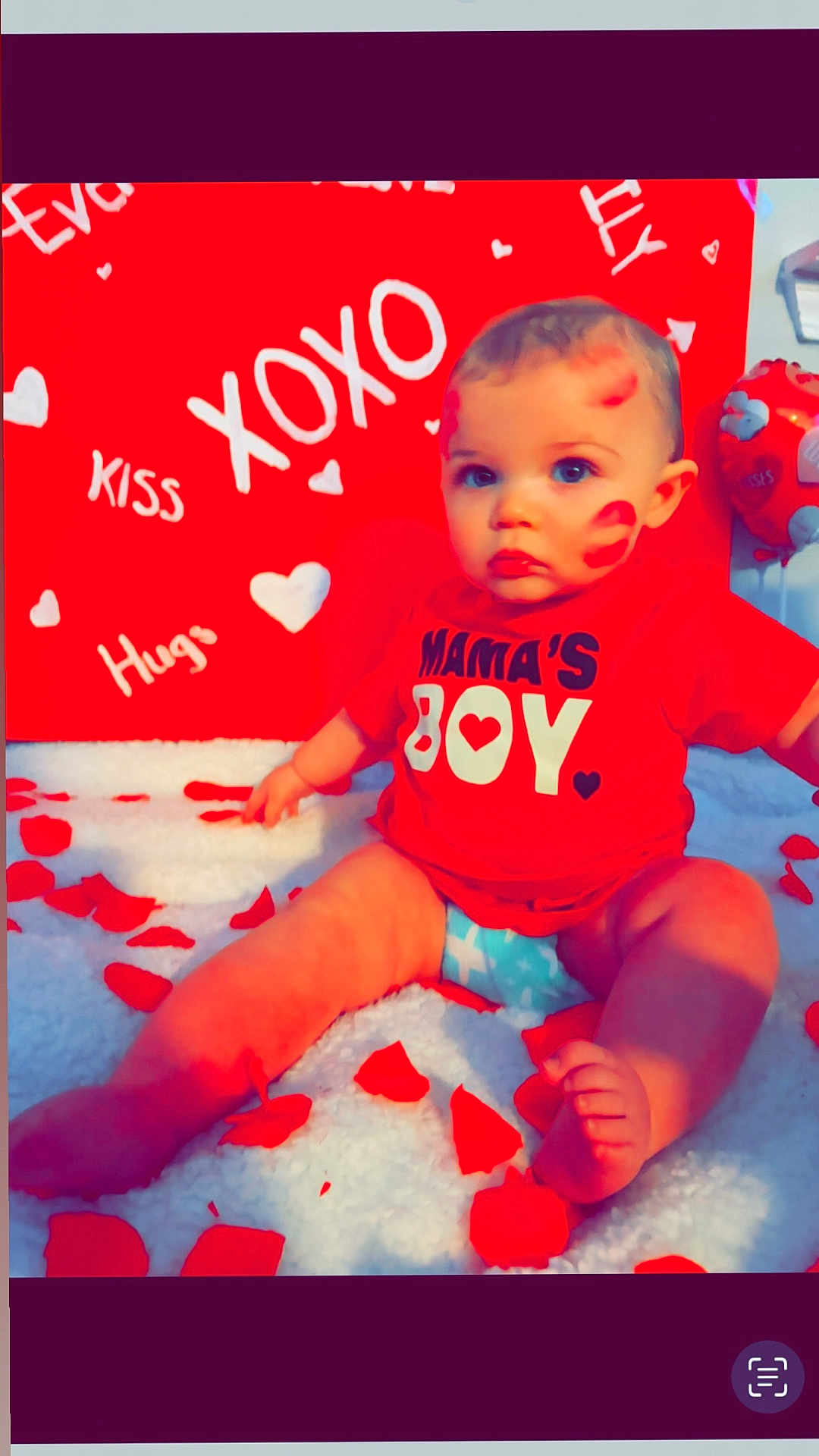 Luca joined the competition — help win amazing prizes! baby, child, infant, mamas_boy, red_shirt, diaper, lipstick_marks, rose_petals, valentine_background, xoxo_sign, kiss_text, heart_shapes, balloon, blanket, sitting, portrait, blue_eyes, chubby_legs, cute, studio_setup