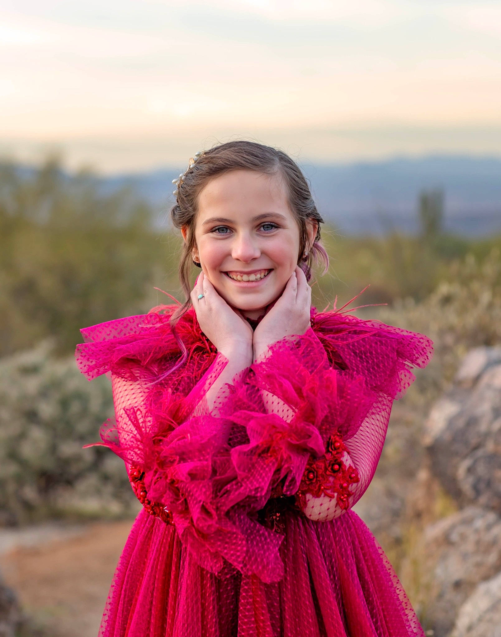 Jayde is registered to the contest to win money with this photo: dress, face, facial_expression, flower, grass, happy, human_body, joy, landscape, magenta, people_in_nature, person, pink, plant, scarf, shawl, skin, sky, smile, stole