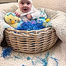 William is registered to the contest to win money with this photo: baby, basket, blanket, bunny_hat, child, colorful_shreds, cozy, cute, easter, easter_eggs, fluffy_blanket, plush_toy, yellow_chick, blue_bunny, happy, indoors, infant, smiling, wearing_hat, woven_basket